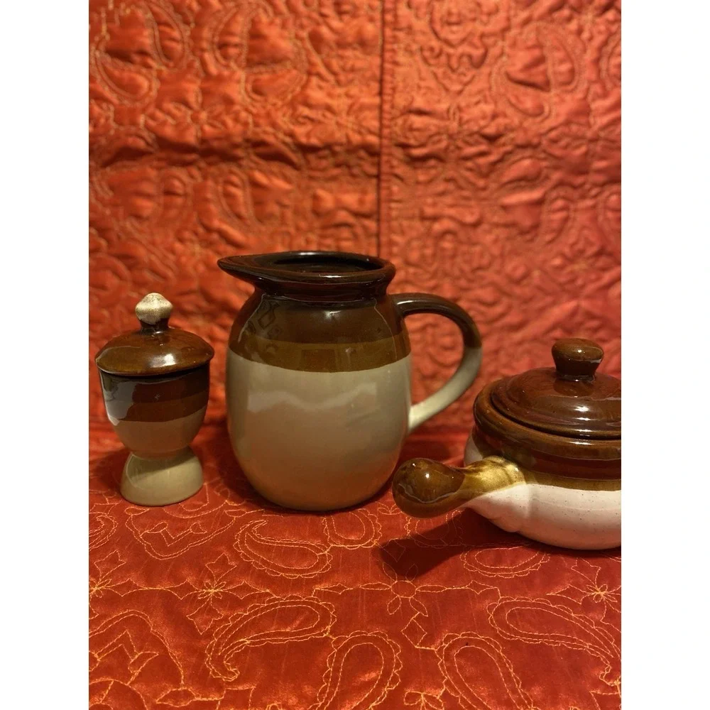 Vintage Brown & Tan Stoneware Crock Farmhouse Milk‎ Pitcher, Egg coddler & Bowl